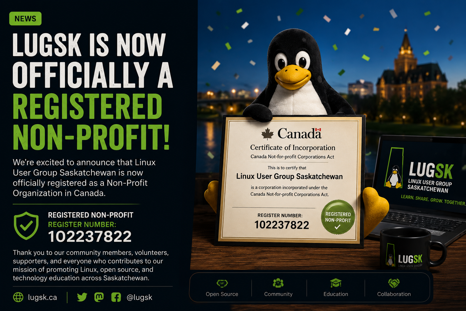 Linux User Group Saskatchewan Officially Registered as a Non-Profit Organization